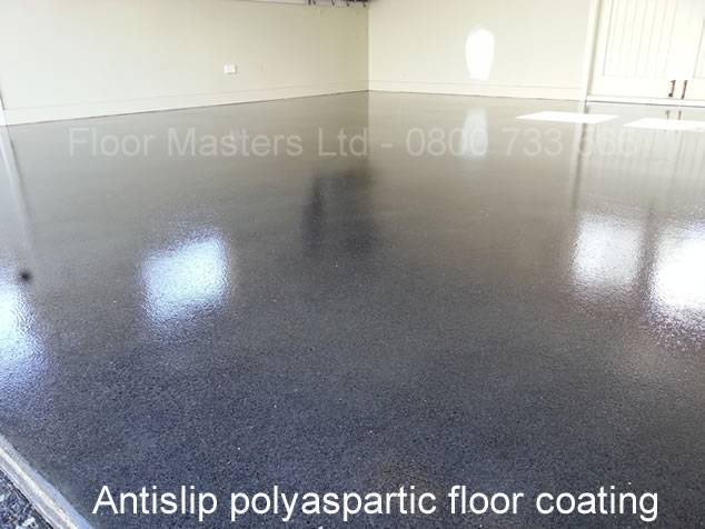Polyaspartic clear floor coating on polished concrete floor. Antislip finish